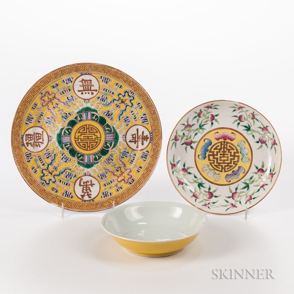 Appraisal: Three Dishes Three Dishes China a famille jaune plate with