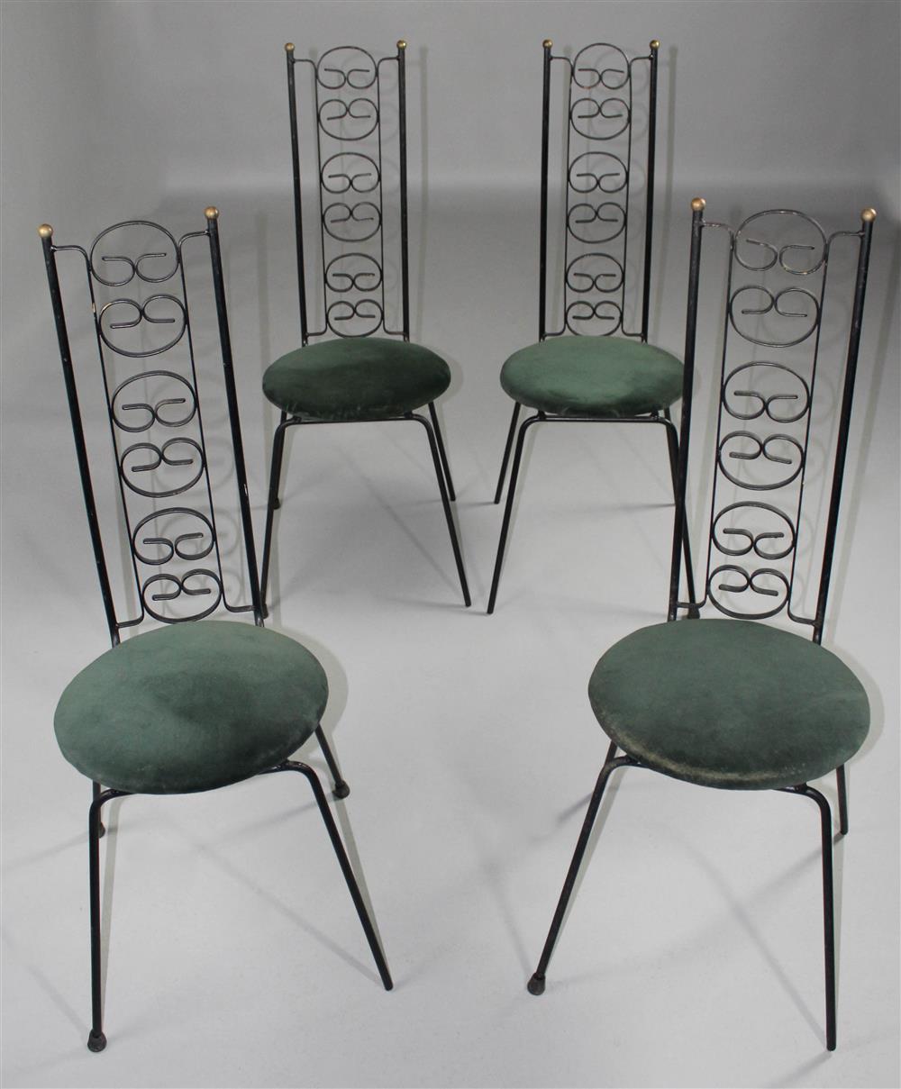 Appraisal: VINTAGE SET OF FOUR WROUGHT IRON CHAIRS tall back with