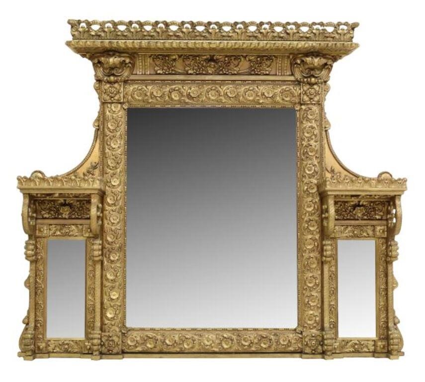 Appraisal: French shelved giltwood over mantel mirror late th c having