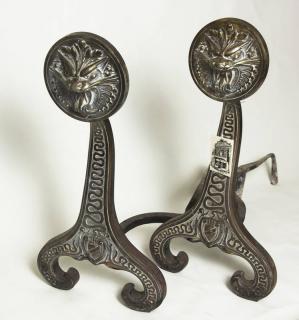 Appraisal: Pair Aesthetic Dragon Bronze Andirons Bronze Heads with Iron Arms