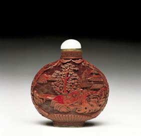 Appraisal: ANTIQUE LACQUER SNUFF BOTTLE Antique Chinese carved cinnabar lacquer snuff