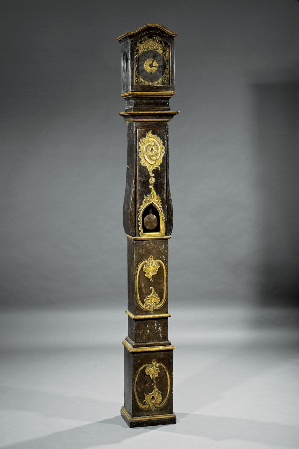 Appraisal: French Painted Tall Case Clock early th c rocaille carved