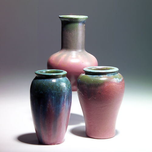 Appraisal: FULPER Three vases covered in Moss-to-Rose flambe glaze one baluster