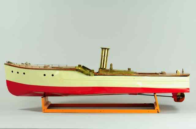 Appraisal: LARGE STEAM LAUNCH Pressed steel hull painted in white and