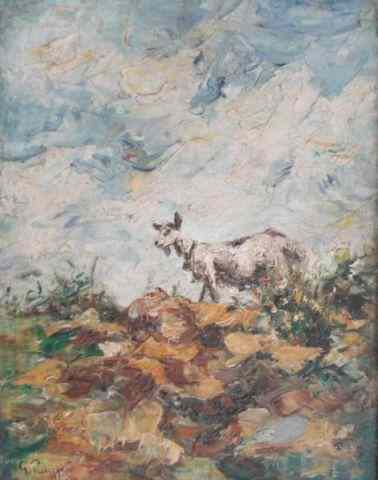 Appraisal: PALIZZI Giuseppe Oil on Board of Goat inLandscape Signed lower