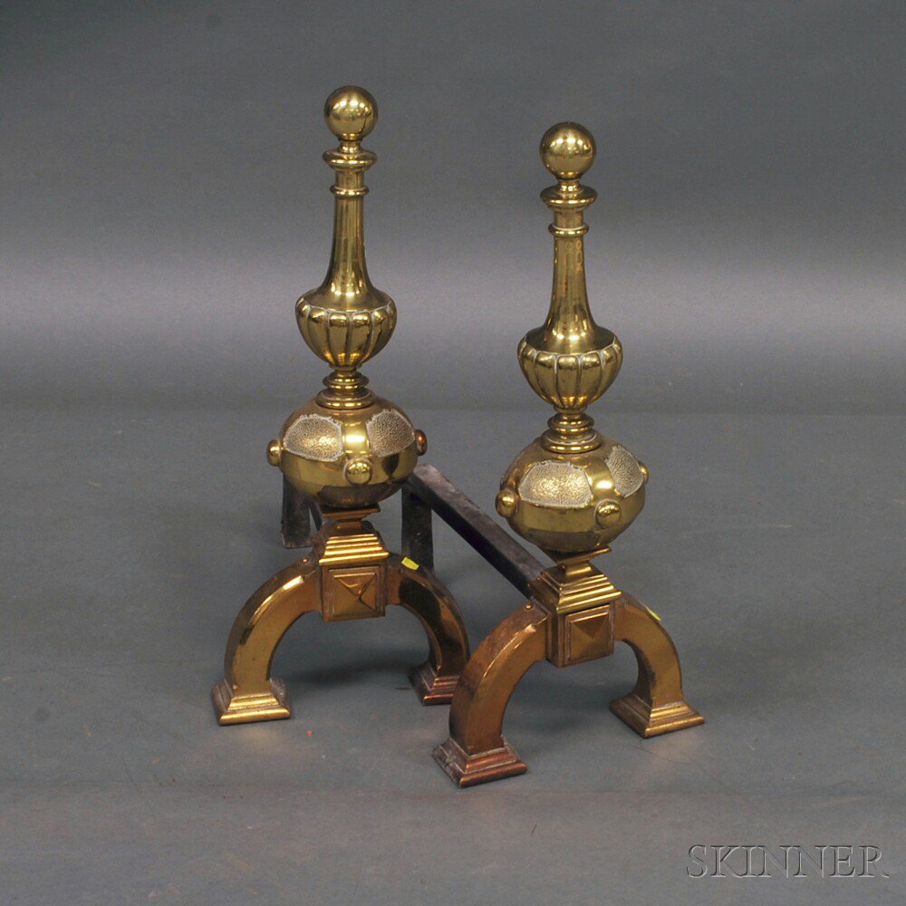 Appraisal: Pair of Brass Urn-top Andirons th century the lobed urn