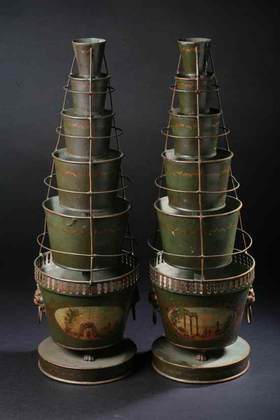 Appraisal: PAIR VICTORIAN PAINTED GREEN TOLEWARE TABLETOP PLANT STANDS th century