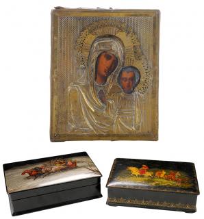 Appraisal: Two Russian Boxes and One Icon Russian th century icon