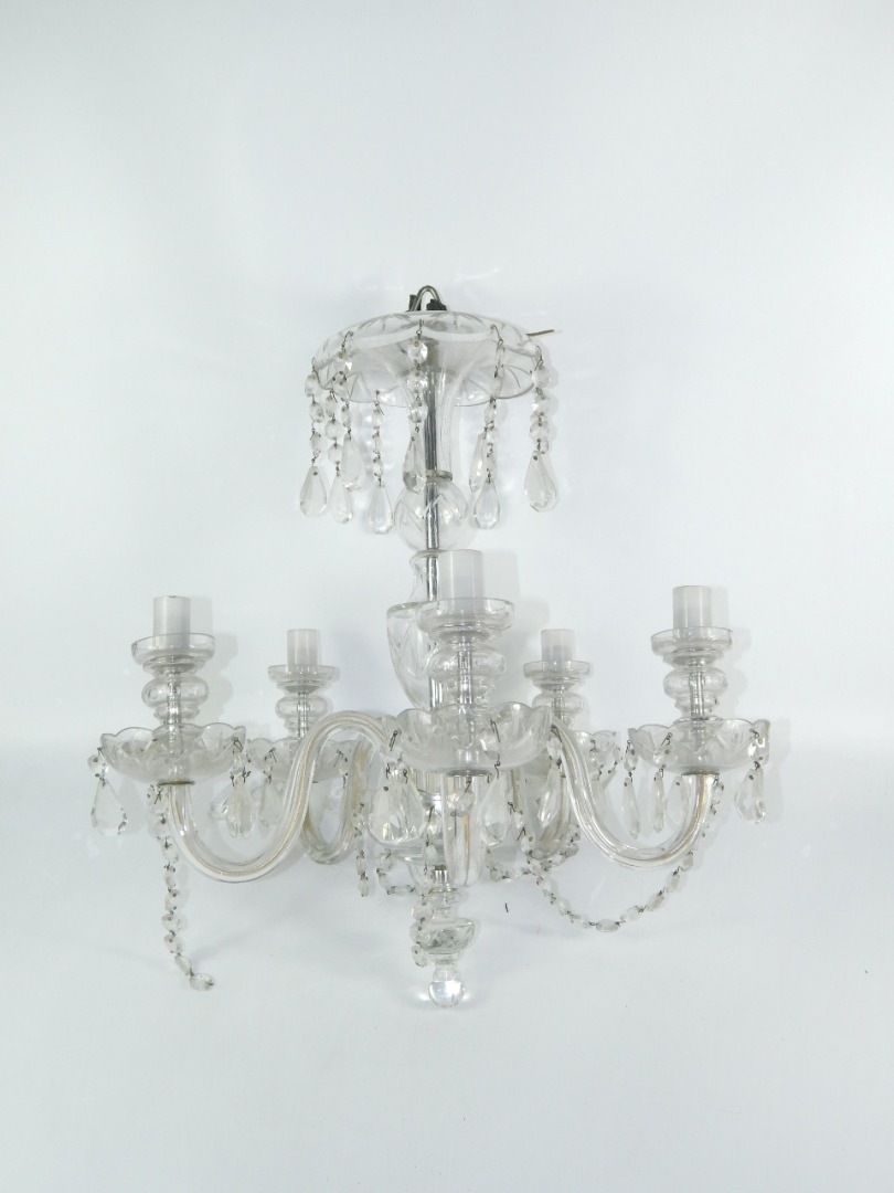 Appraisal: A cut glass five branch chandelier with crystal drops cm