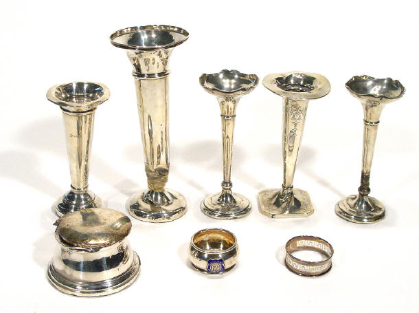 Appraisal: Five mixed silver bud vases a circular silver inkwell and