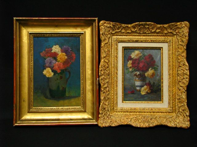 Appraisal: Two unclearly signed European Oil paintings depicting Vases of Flowers