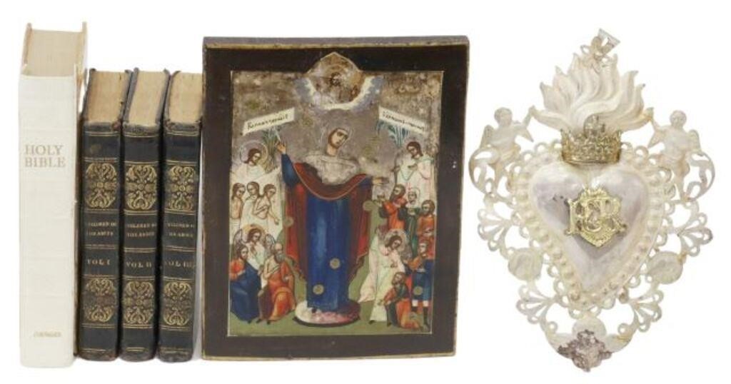 Appraisal: lot of Religious items and leather-bound books comprising book The