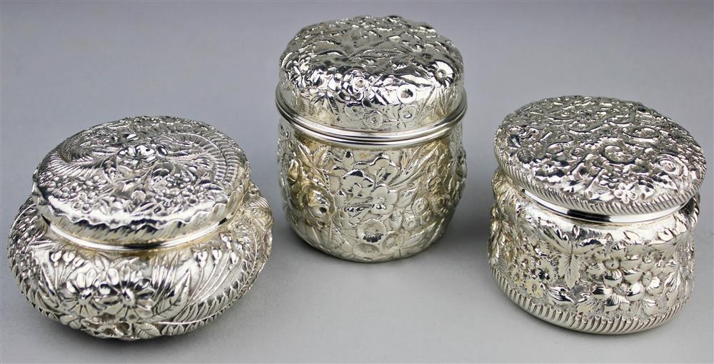 Appraisal: THREE BALTIMORE REPOUSSE SILVER POWDER JARS LATE TH CENTURY each