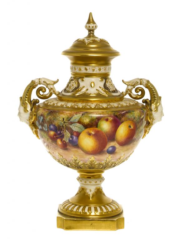 Appraisal: A ROYAL WORCESTER SHIELD SHAPED VASE AND COVER painted by