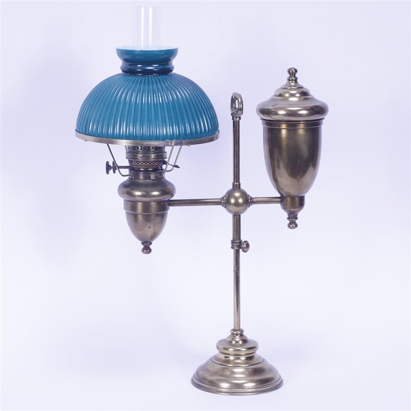 Appraisal: Plume Atwood brass oil burning student lamp with a green