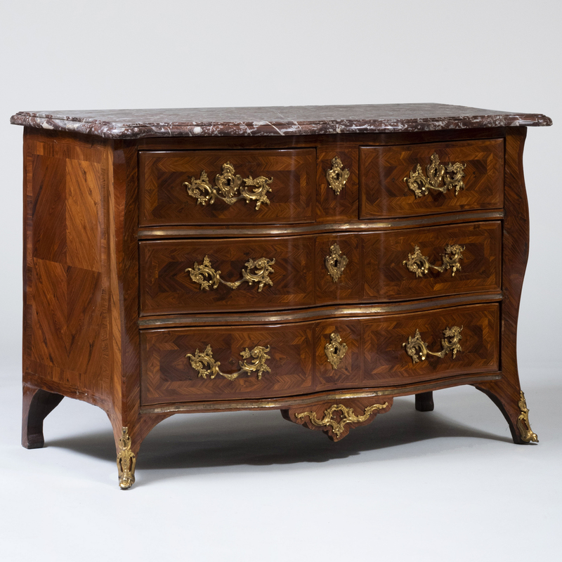 Appraisal: R GENCE ORMOLU-MOUNTED KINGWOOD PARQUETRY COMMODE Fitted with a molded