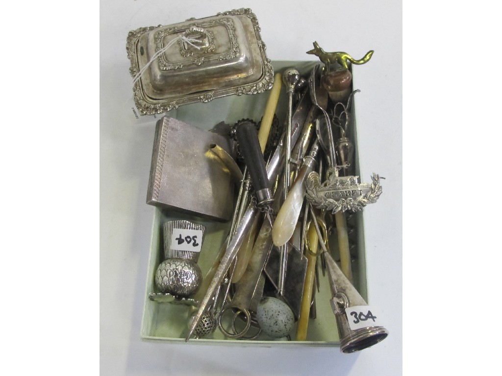 Appraisal: Box of miscellaneous silver plated items - meat skewers decanter