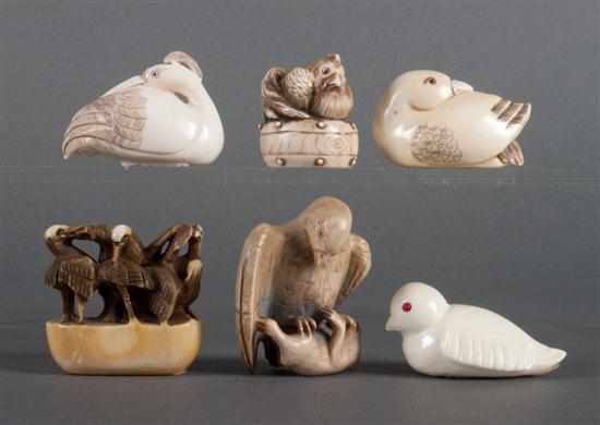 Appraisal: Six Japanese carved ivory bird netsukes figures include hawk chicken