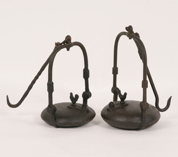 Appraisal: Cast iron hanging pivotal whaler ship lamps with chicken set