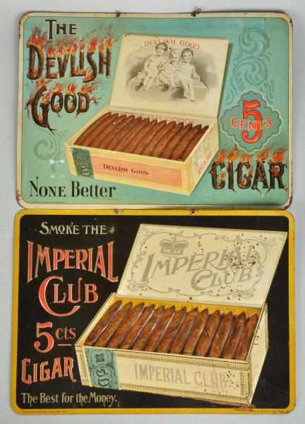 Appraisal: Lot of Embossed Tin Cigar Hanging Signs Description Includes Devlish