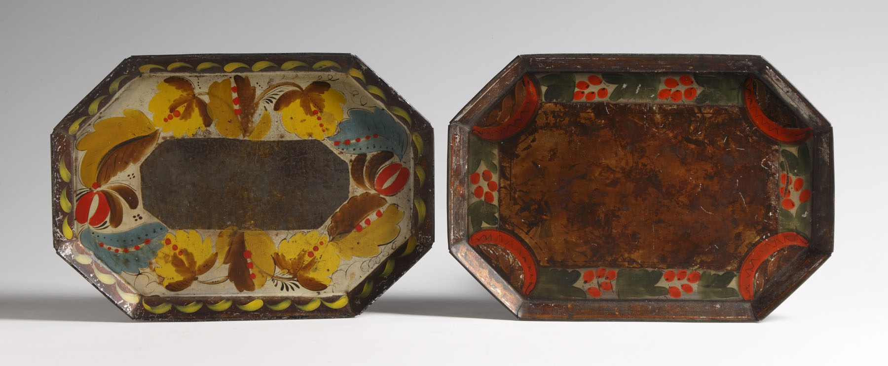 Appraisal: Toleware Trays w Marbelized Centers Mid th cent Condition Orig