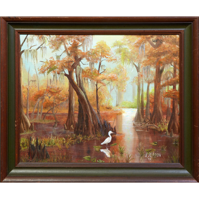 Appraisal: Southern School Louisiana Swamp Scene with Egret acrylic on canvas