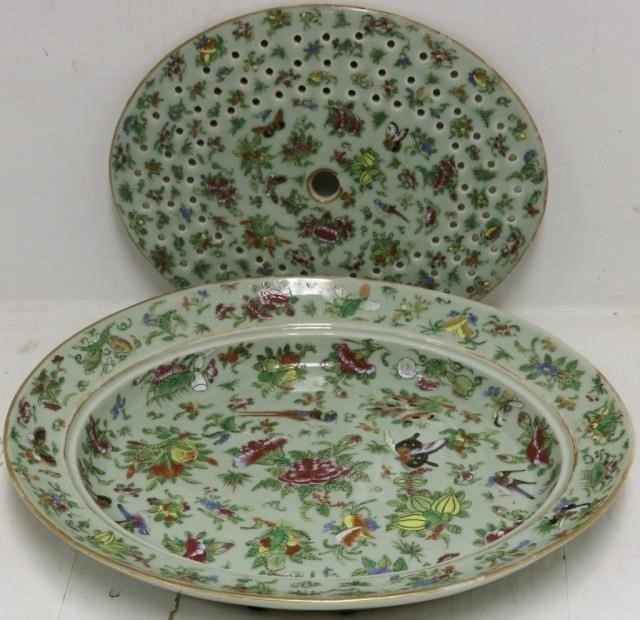 Appraisal: EARLY TH C ROSE CELADON PLATTER WITH FLOWERS BIRDS AND