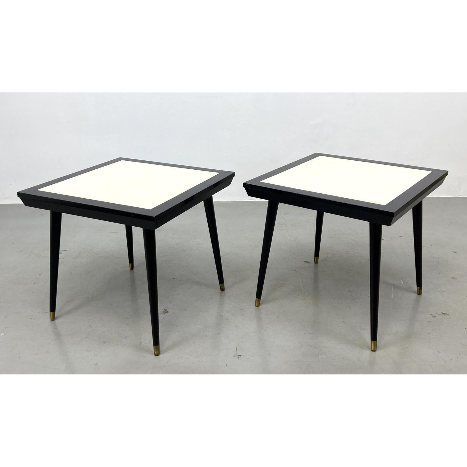 Appraisal: Pr Ebonized Side Tables White Laminate Tops Dimensions H inches