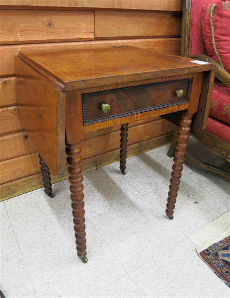 Appraisal: DROP-LEAF TIGER MAPLE AND MAHOGANY WORK TABLE American th century