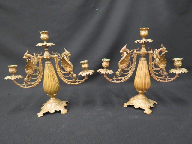 Appraisal: Pair of Victorian Brass Candelbrawith figural gryphon decor double sconce