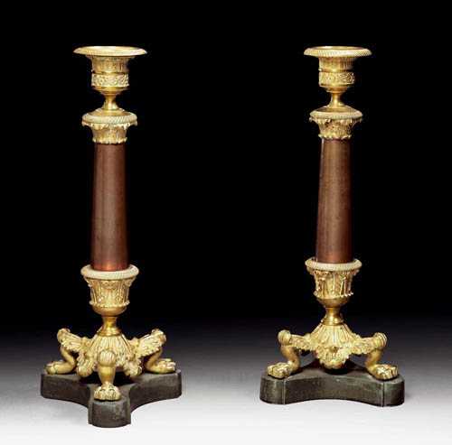 Appraisal: PAIR OF GILT BRONZE CANDLE HOLDERS Restauration Paris circa H