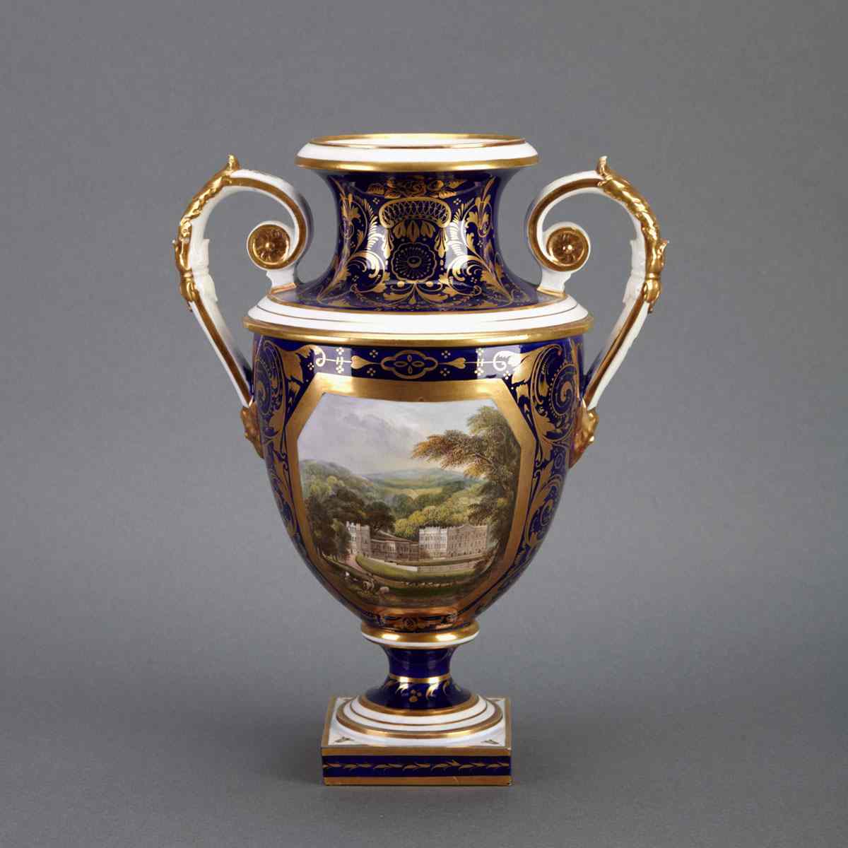 Appraisal: Bloor Derby Blue Ground Two-Handled Vase Chatsworth T c -