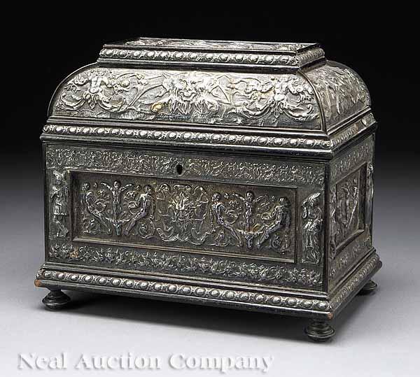 Appraisal: A Continental Silvered Metal and Ebonized Casket mid- th c