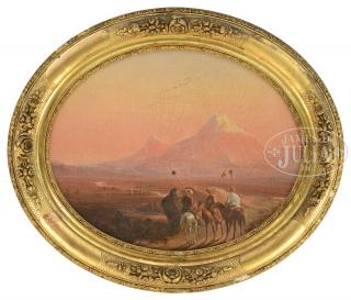 Appraisal: AMERICAN SCHOOL th Century ORIENTALIST LANDSCAPE WITH THREE MOUNTED RIDERS