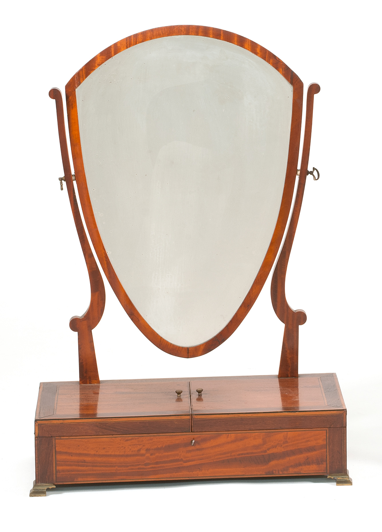 Appraisal: ENGLISH MAHOGANY DRESSER MIRROR th CenturyWith shield-form back and brass