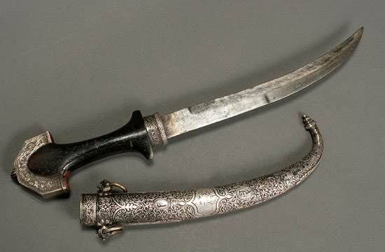 Appraisal: Ottoman Embossed Silver Mounted Dagger Kindjal Circa With double-edged curved