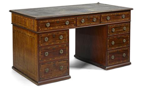 Appraisal: A th century mahogany and calamander crossbanded twin pedestal desk