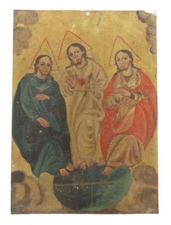 Appraisal: Unframed oil on tin retablo La Santa Trinidad The Trinity