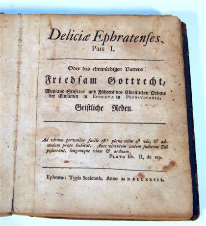 Appraisal: vol Ephrata Printing Beissel Johann Conrad Deliciae Ephratenses Pars I