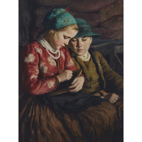 Appraisal: Oszkar Glatz - SISTER TEACHING BROTHER Hungarian Oil on canvas