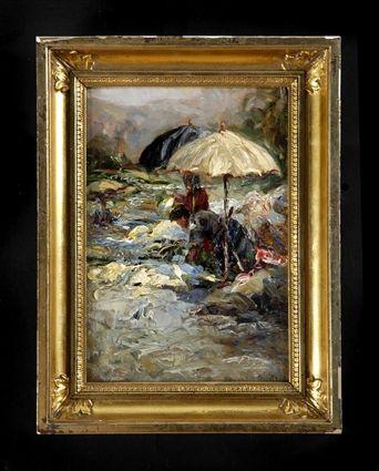 Appraisal: GIOVANNI DEPETRIS - BEACH UMBRELLA Oil on wood panel x