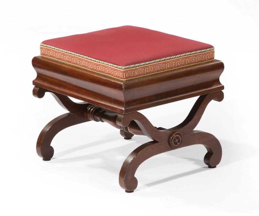 Appraisal: American Classical Mahogany Curule Footstool th c boxed upholstered seat