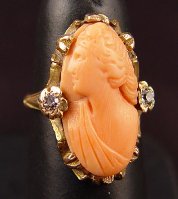 Appraisal: CARVED CORAL CAMEO RING WITH DIAMONDS Coral with diamonds Size