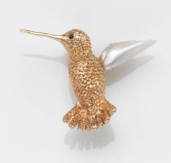 Appraisal: A cultured pearl and k gold hummingbird brooch Ruser signed