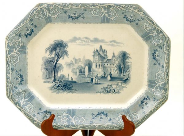 Appraisal: A rectangular rounded corner light blue Staffordshire transferware turkey platter