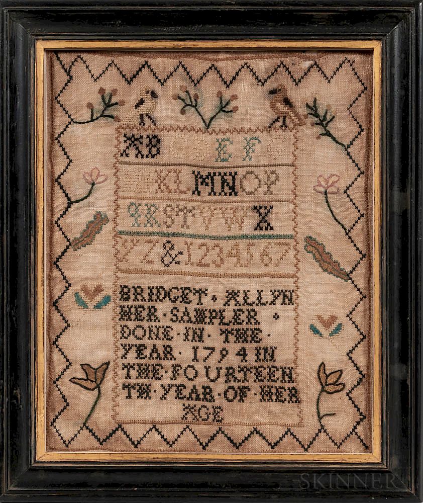 Appraisal: Bridget Allyn Needlework Sampler Bridget Allyn Needlework Sampler Groton Connecticut