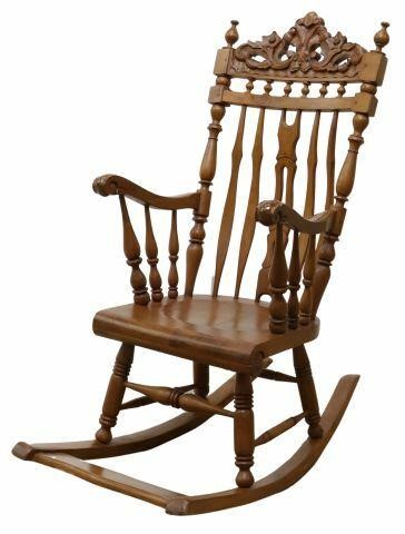 Appraisal: American rocking chair early th c turned finials carved crest