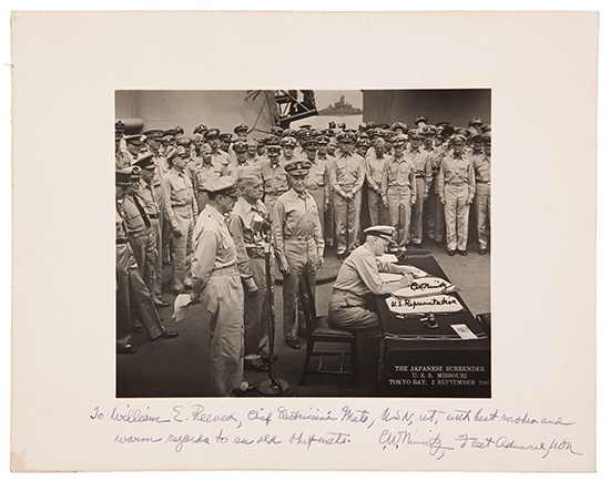 Appraisal: FAMOUS IMAGE OF JAPANESE SURRENDER NIMITZ CHESTER W Photograph Signed