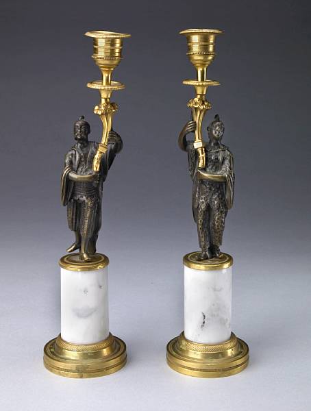 Appraisal: A pair of French gilt and patinated bronze figural candlesticks