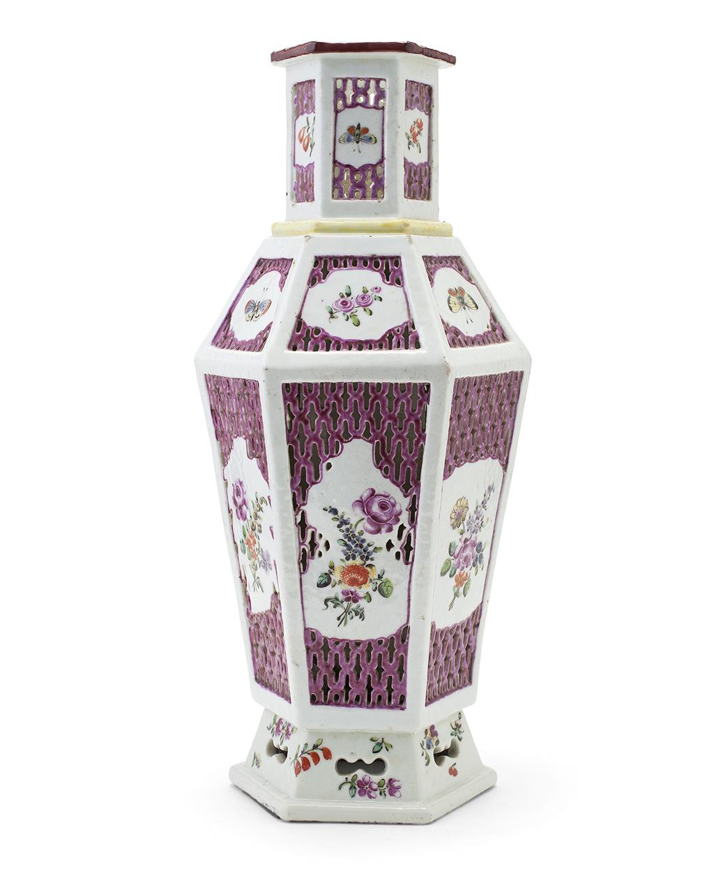 Appraisal: EXPORT RETICULATED HEXAGONAL VASE the openwork sides painted with panels